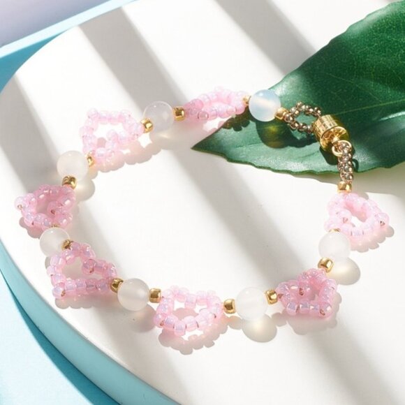 Pretty In Pink Heart seed bead Bracelet, Natural Agate, Easy magnetic Clasp NWOT - Picture 1 of 6